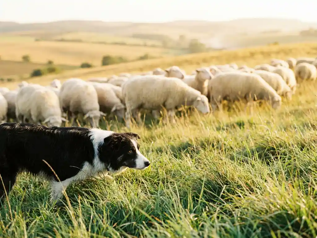 Border Collie kauert konzentriert im grünen Wiesengras und fixiert eine Schafherde auf sonnenbeschienener Hügellandschaft.