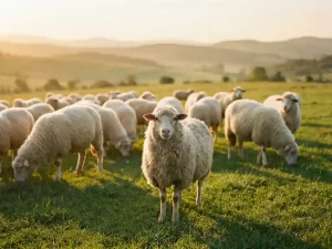 Einzelnes Schaf auf sonniger grüner Wiese, neugierig in die Kamera blickend, Herde im Hintergrund, sanfte Hügel im goldenen Morgenlicht.