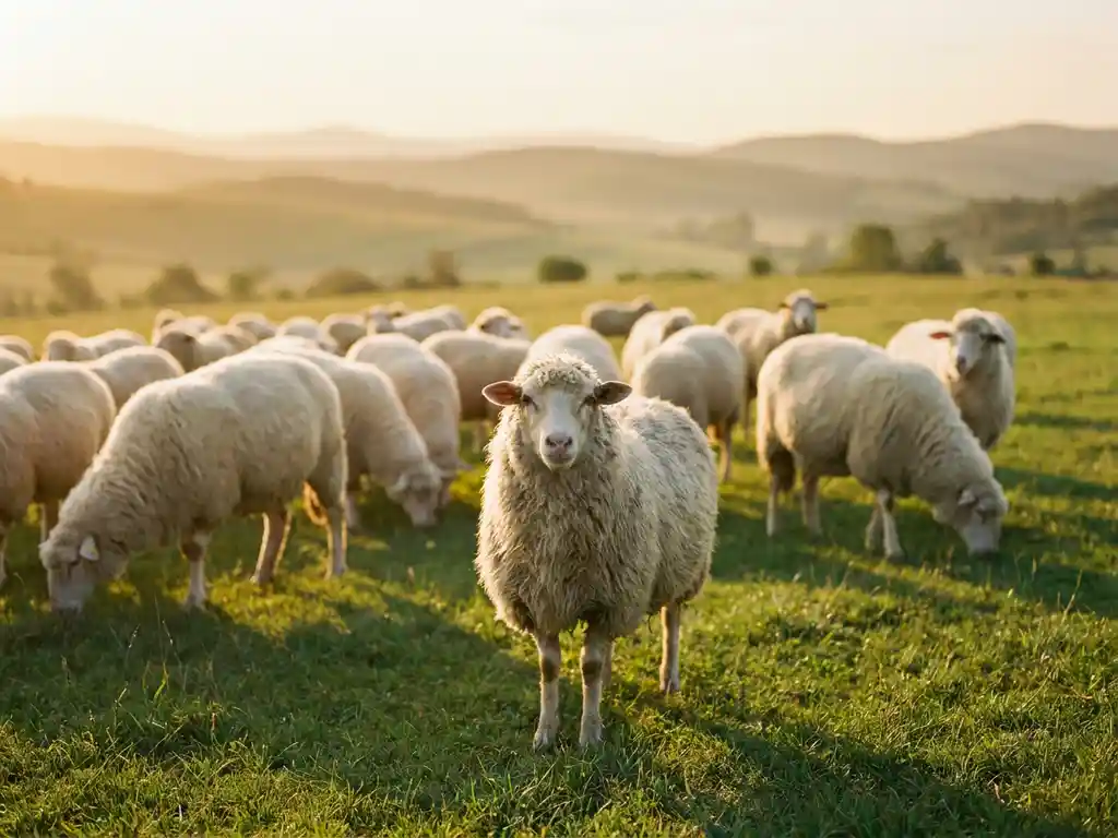 Einzelnes Schaf auf sonniger grüner Wiese, neugierig in die Kamera blickend, Herde im Hintergrund, sanfte Hügel im goldenen Morgenlicht.