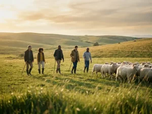 Gruppe von Fachleuten treibt eine Schafherde über sonnenbeschienene Hügelwiesen beim goldenen Abendlicht.