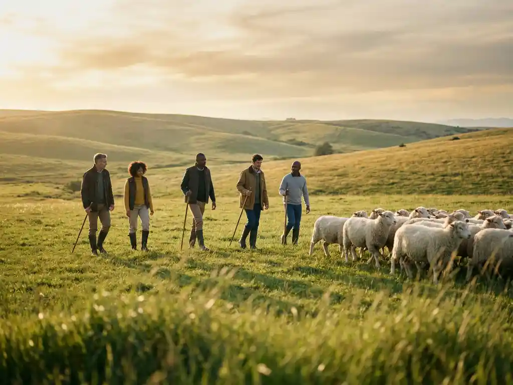 Gruppe von Fachleuten treibt eine Schafherde über sonnenbeschienene Hügelwiesen beim goldenen Abendlicht.