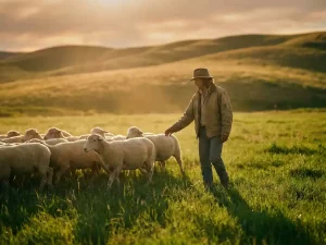 Führungsperson leitet ruhige Schafherde über sonnenbeschienene Wiese mit sanften Hügeln im Hintergrund bei goldenem Abendlicht.
