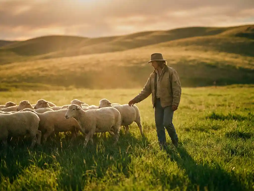 Führungsperson leitet ruhige Schafherde über sonnenbeschienene Wiese mit sanften Hügeln im Hintergrund bei goldenem Abendlicht.