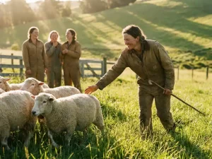 Führungskraft leitet kleine Schafherde über sonnige grüne Wiese, lachende Teammitglieder im unscharfen Hintergrund, goldenes Morgenlicht.