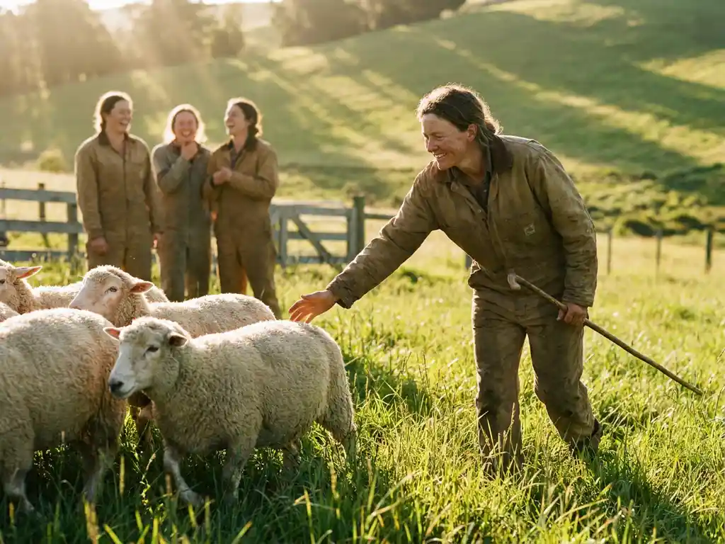 Führungskraft leitet kleine Schafherde über sonnige grüne Wiese, lachende Teammitglieder im unscharfen Hintergrund, goldenes Morgenlicht.