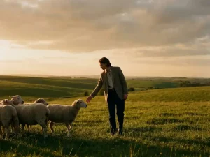Geschäftsmann in Smart-Casual-Kleidung führt ruhig eine kleine Schafherde über eine grüne Wiese im goldenen Abendlicht.