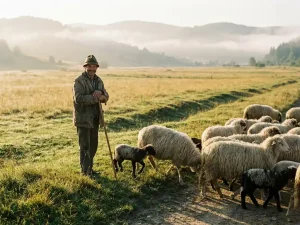 Hirte führt ruhige Schafherde über sonnenbeschienene Wiese, goldenes Morgenlicht und sanfter Nebel über hügeligen Weiden.