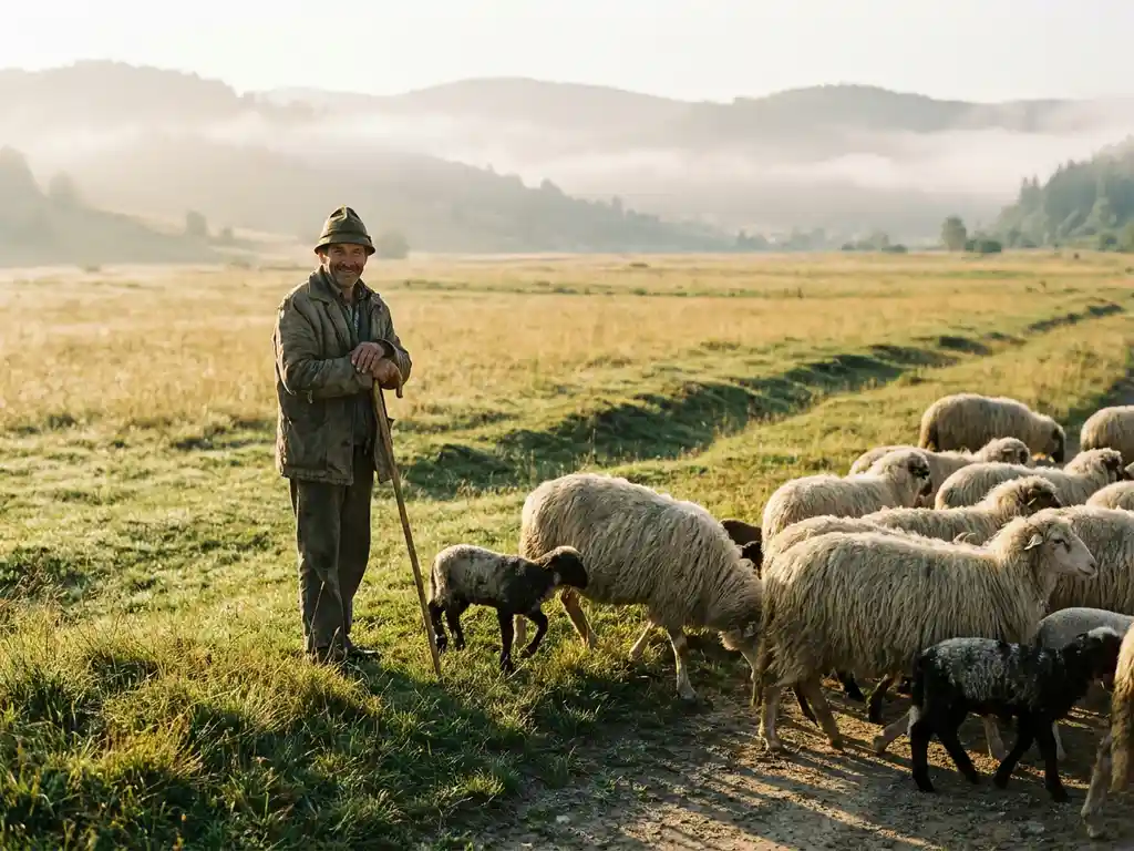 Hirte führt ruhige Schafherde über sonnenbeschienene Wiese, goldenes Morgenlicht und sanfter Nebel über hügeligen Weiden.