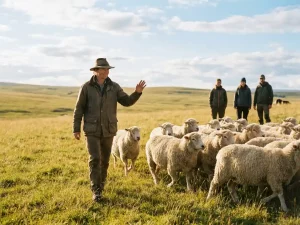 Führungskraft leitet ruhig eine Schafherde über sonnige grüne Wiese, Team beobachtet aufmerksam im Hintergrund, goldenes Stundenlicht.