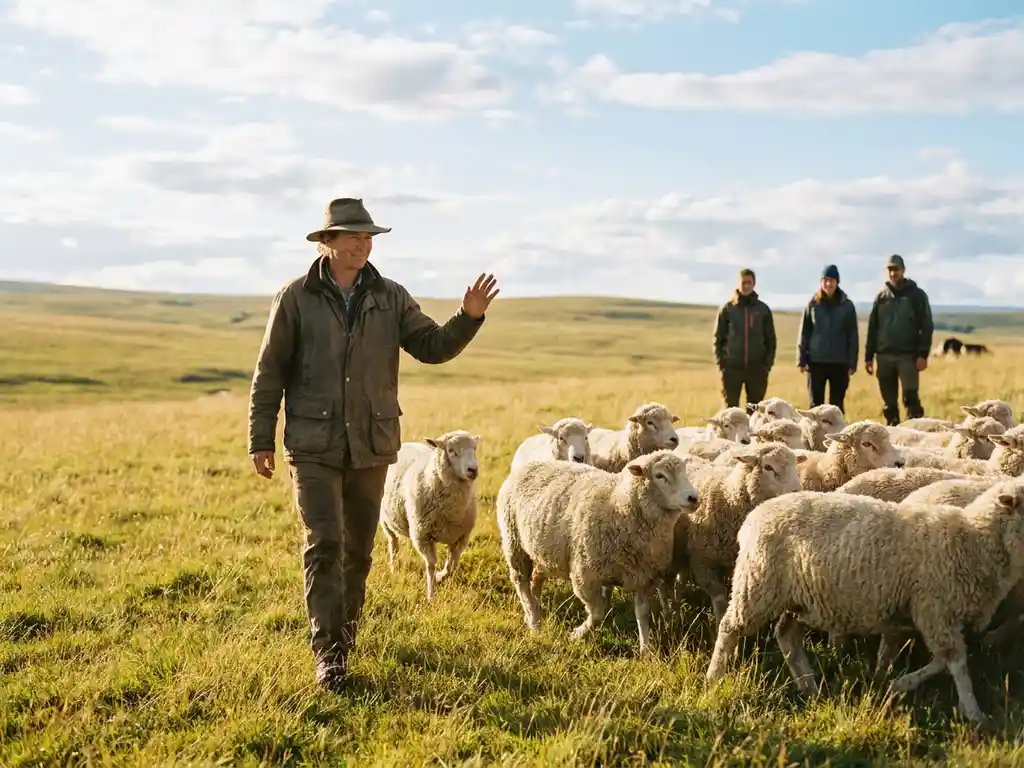Führungskraft leitet ruhig eine Schafherde über sonnige grüne Wiese, Team beobachtet aufmerksam im Hintergrund, goldenes Stundenlicht.