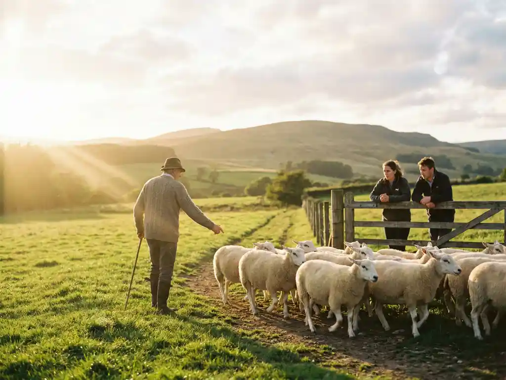Führungskraft leitet ruhige Schafherde über sonnige grüne Wiese, Kollegen beobachten vom Holzzaun, goldenes Abendlicht.