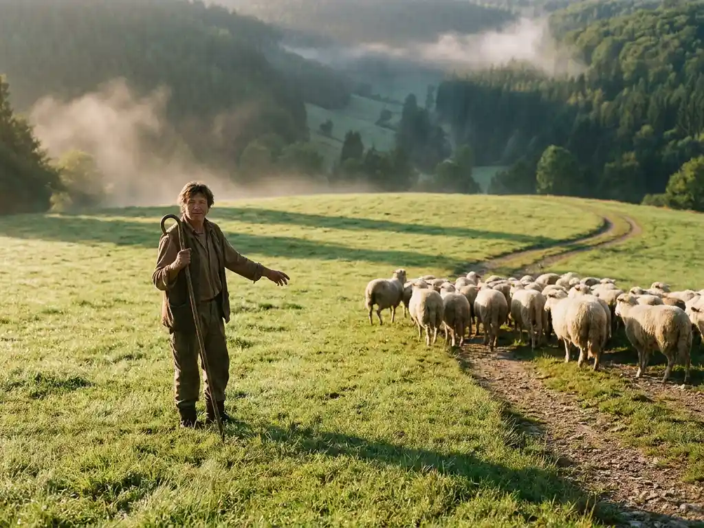 Selbstbewusster Hirte führt Schafherde bei goldenem Morgenlicht einen gewundenen Hügelpfad entlang, Nebel steigt im Tal auf.