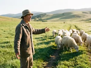 Selbstbewusste Führungsperson leitet ruhige Schafherde über sonnenbeschienene Wiese mit sanften Hügeln im Hintergrund.