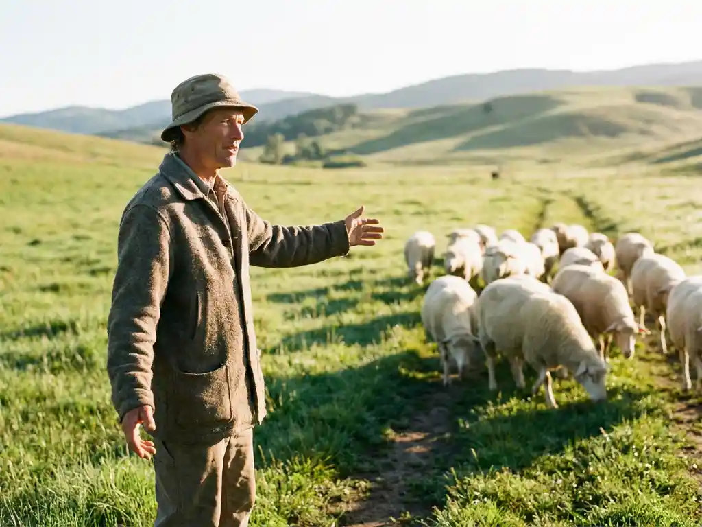 Selbstbewusste Führungsperson leitet ruhige Schafherde über sonnenbeschienene Wiese mit sanften Hügeln im Hintergrund.