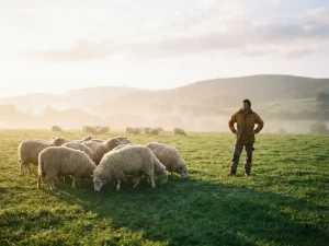 Selbstbewusste Führungsperson steht abseits einer Schafherde auf sonnenbeschienener Wiese mit sanften Hügeln im Hintergrund.