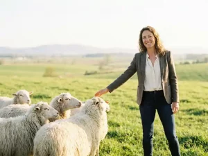Geschäftsfrau in smarter Freizeitkleidung führt weiße Schafe über sonnige grüne Wiese mit sanften Hügeln im Morgenlicht.