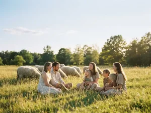 Kleine Gruppe Menschen im Gespräch auf sonniger Wiese, Schafe grasen im Hintergrund, warmes Nachmittagslicht.