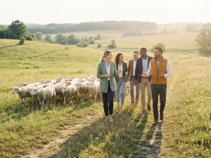 Diverses Fachteam leitet gemeinsam eine Schafherde über einen sanften Hügelpfad in goldener Abendsonne.