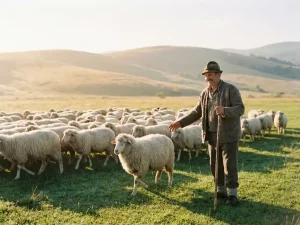 Hirte führt eine Herde weißer Schafe über eine sonnige grüne Wiese mit sanften Hügeln im goldenen Morgenlicht.