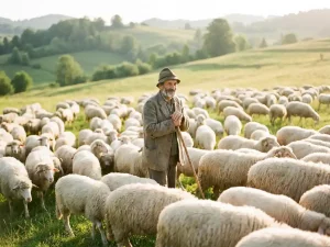 Verwitterter Schäfer auf einer sonnenbeschienenen Wiese, umgeben von einer großen Schafherde, grüne Hügel im Hintergrund.