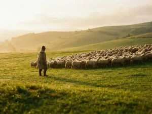 Hirte beobachtet ruhig eine Schafherde auf sonnenbeschienener grüner Weide mit sanften Hügeln im Morgenlicht.