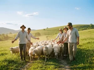 Lächelnde Gruppe führt weiße Schafe über sonnige grüne Wiese mit sanften Hügeln und blauem Himmel im Hintergrund.