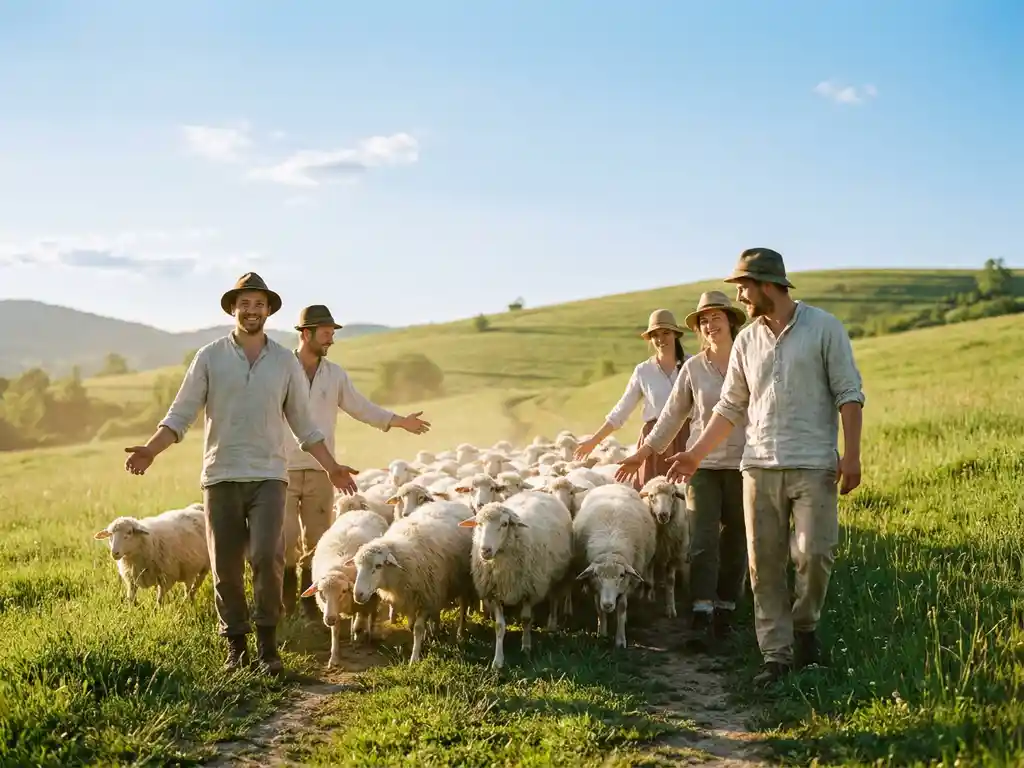 Lächelnde Gruppe führt weiße Schafe über sonnige grüne Wiese mit sanften Hügeln und blauem Himmel im Hintergrund.