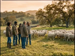 Vielfältiges Team führt weiße Schafe über sonnige grüne Wiese, rollende Hügel und alte Eichen im goldenen Abendlicht.
