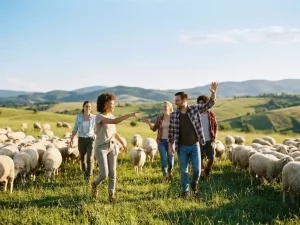 Lachende Kollegen treiben gemeinsam weiße Schafe über eine sonnige grüne Wiese mit sanften Hügeln im Hintergrund.