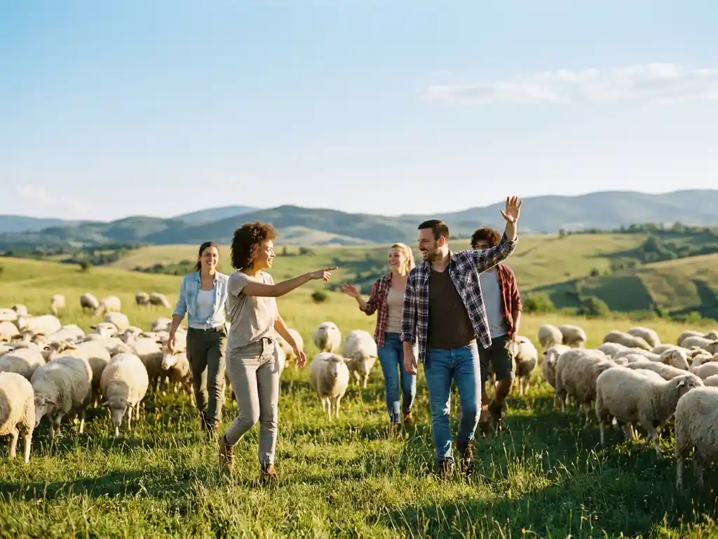 Lachende Kollegen treiben gemeinsam weiße Schafe über eine sonnige grüne Wiese mit sanften Hügeln im Hintergrund.