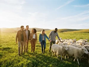 Lachende Kollegen treiben gemeinsam eine Herde weißer Schafe über eine sonnige grüne Wiese mit sanften Hügeln im Hintergrund.