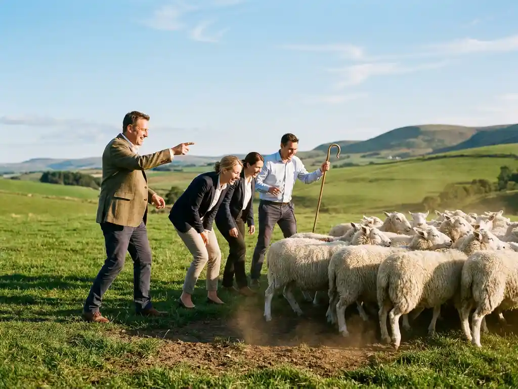 Lachende Fachleute treiben eine Herde weißer Schafe über eine sonnige grüne Wiese mit sanften Hügeln im Hintergrund.