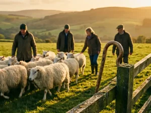 Gruppe von Fachleuten in Freizeitkleidung treibt ruhige Schafherde über sonnige Wiese, Holzstab an Zaunpfahl, goldenes Abendlicht.