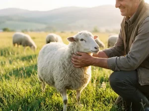 Lächelnder Fachmann kniet auf sonniger Wiese und führt sanft ein weißes Schaf, kleine Herde weidet im Hintergrund mit sanften Hügeln.