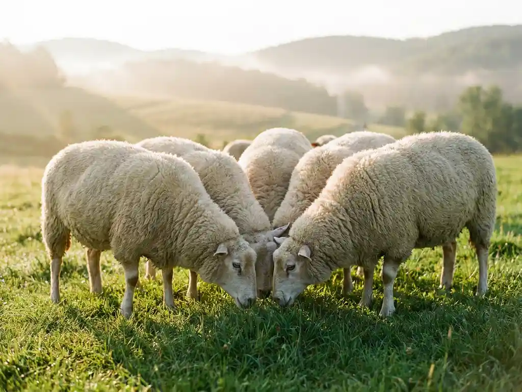 Kleine Schafherde auf sonniger grüner Wiese, Köpfe einander zugewandt, sanfte Hügel im Hintergrund, warmes Morgenlicht.