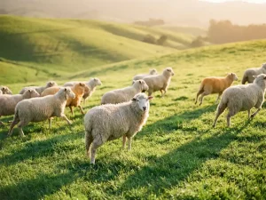 Verwirrte Schafherde zerstreut sich in alle Richtungen auf grüner Wiese im Morgenlicht, ein Schaf blickt direkt in die Kamera.