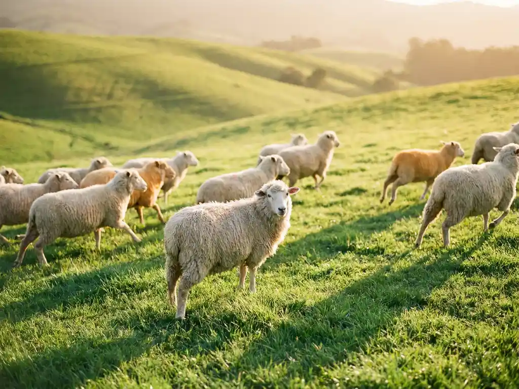 Verwirrte Schafherde zerstreut sich in alle Richtungen auf grüner Wiese im Morgenlicht, ein Schaf blickt direkt in die Kamera.