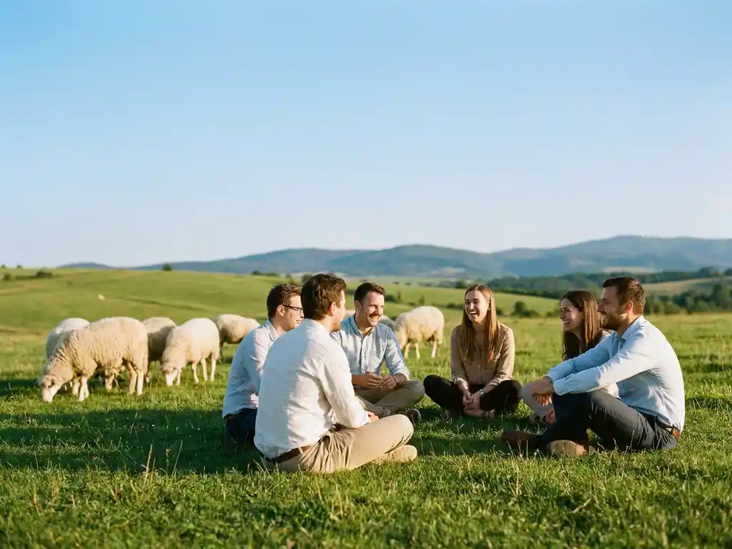 Weiße Schafe grasen auf sonniger Wiese, entspannte Gruppe von Fachleuten sitzt im Kreis auf dem Gras, sanfte Hügel im Hintergrund.