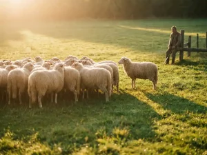 Schafherde auf sonniger grüner Wiese im Morgenlicht, ein Schaf steht abseits, ruhiger Hirte beobachtet aus der Ferne.