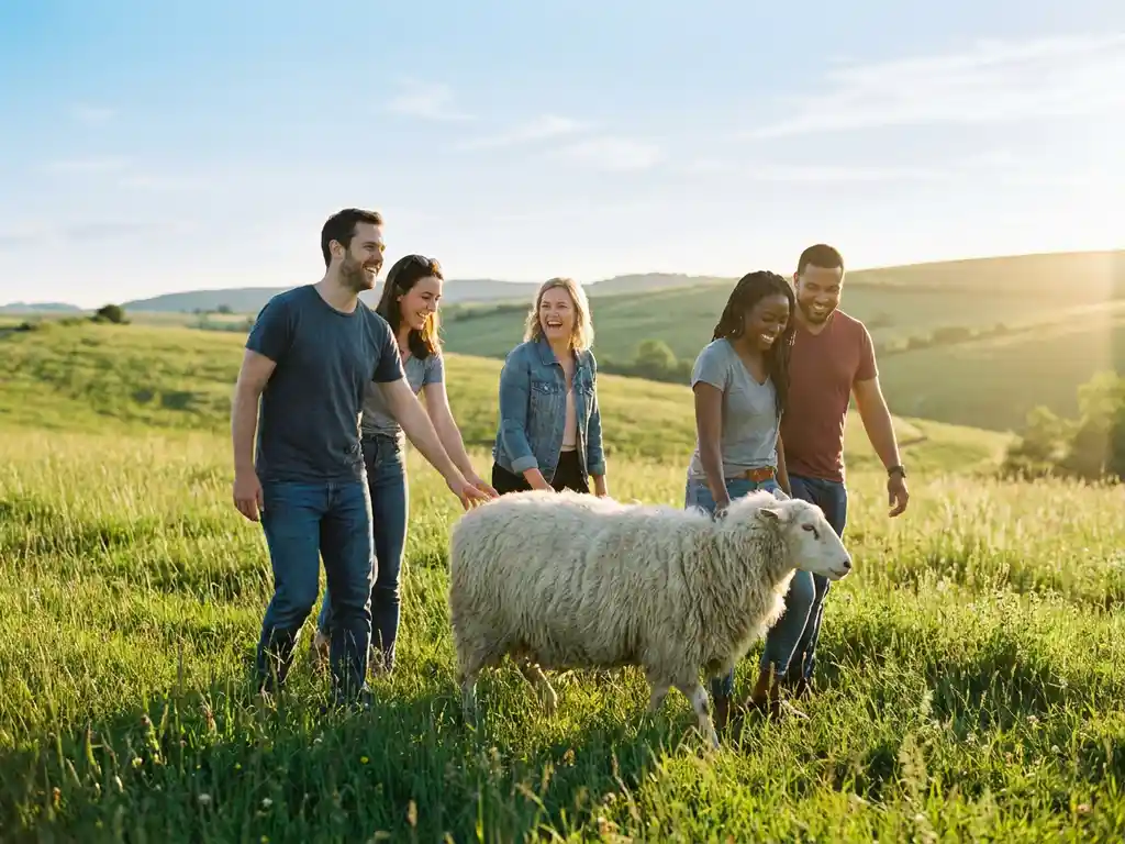 Lachende Kollegen führen gemeinsam ein weißes Schaf über eine sonnige grüne Wiese mit sanften Hügeln im Hintergrund.