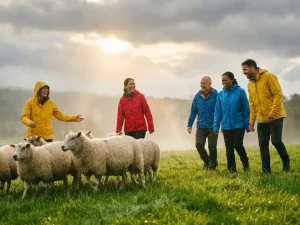 Lachende Gruppe in bunten Regenjacken führt Schafe über eine neblige grüne Wiese bei goldenem Licht.
