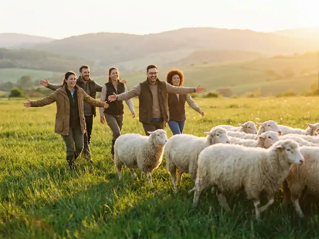 Lachendes Team führt eine weiße Schafherde über sonnige grüne Wiese mit sanften Hügeln im Hintergrund.