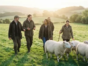 Team von Fachleuten treibt eine Herde weißer Schafe über eine sonnenbeschienene grüne Wiese mit sanften Hügeln im Hintergrund.