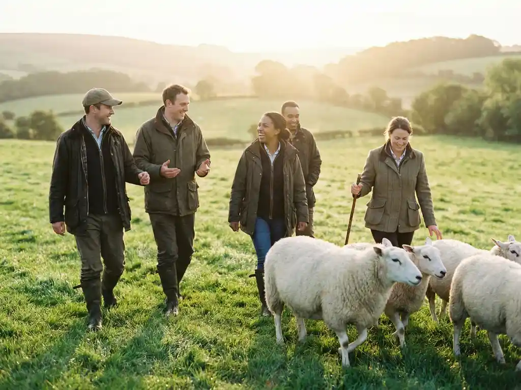 Team von Fachleuten treibt eine Herde weißer Schafe über eine sonnenbeschienene grüne Wiese mit sanften Hügeln im Hintergrund.
