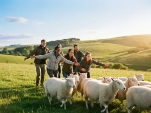 Lachendes Team koordiniert spielerisch eine Schafherde über sonnige grüne Wiese mit Hügeln und blauem Himmel im Hintergrund.
