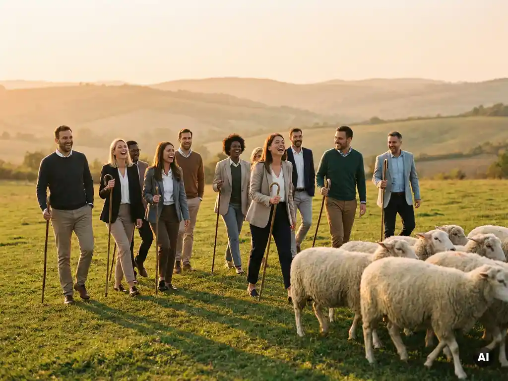 Gruppe von Fachleuten in Business-Casual-Kleidung treibt lachend eine Schafherde über eine sonnige grüne Wiese mit sanften Hügeln.