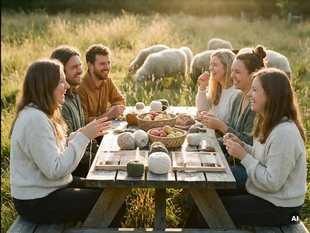 Lachende Kollegen an einem Holzpicknischtisch auf einer sonnigen Wiese mit Bastelmaterial, Snacks und weidenden Schafen im Hintergrund.